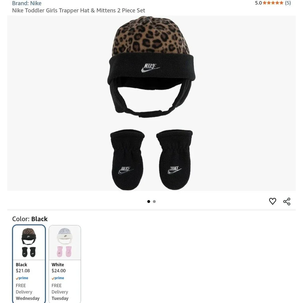Nike Infant Toddler Girls Trapper Hat & Mittens 2 Piece Set Leopard New w/ Tags